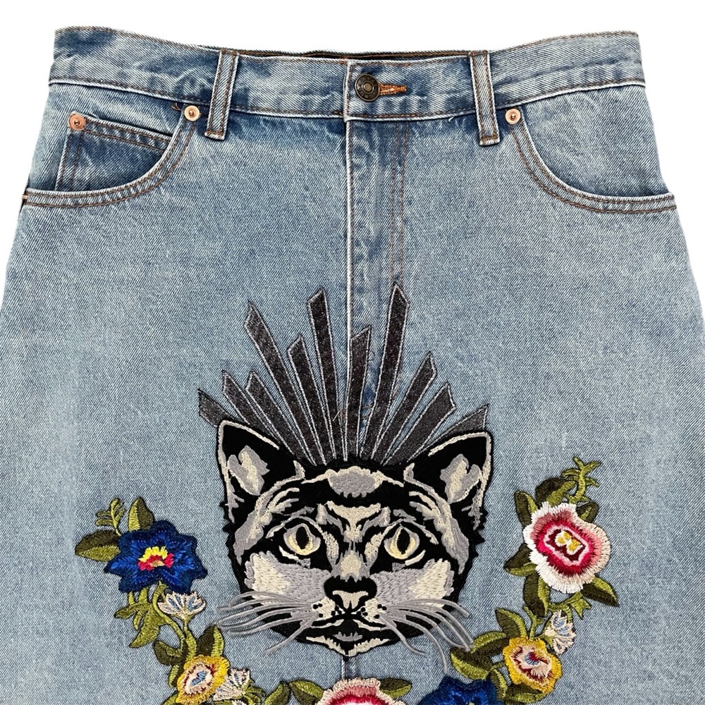 GUCCI Embroidered Cat Floral Denim Skirt US 4 Small - Picture 3 of 14